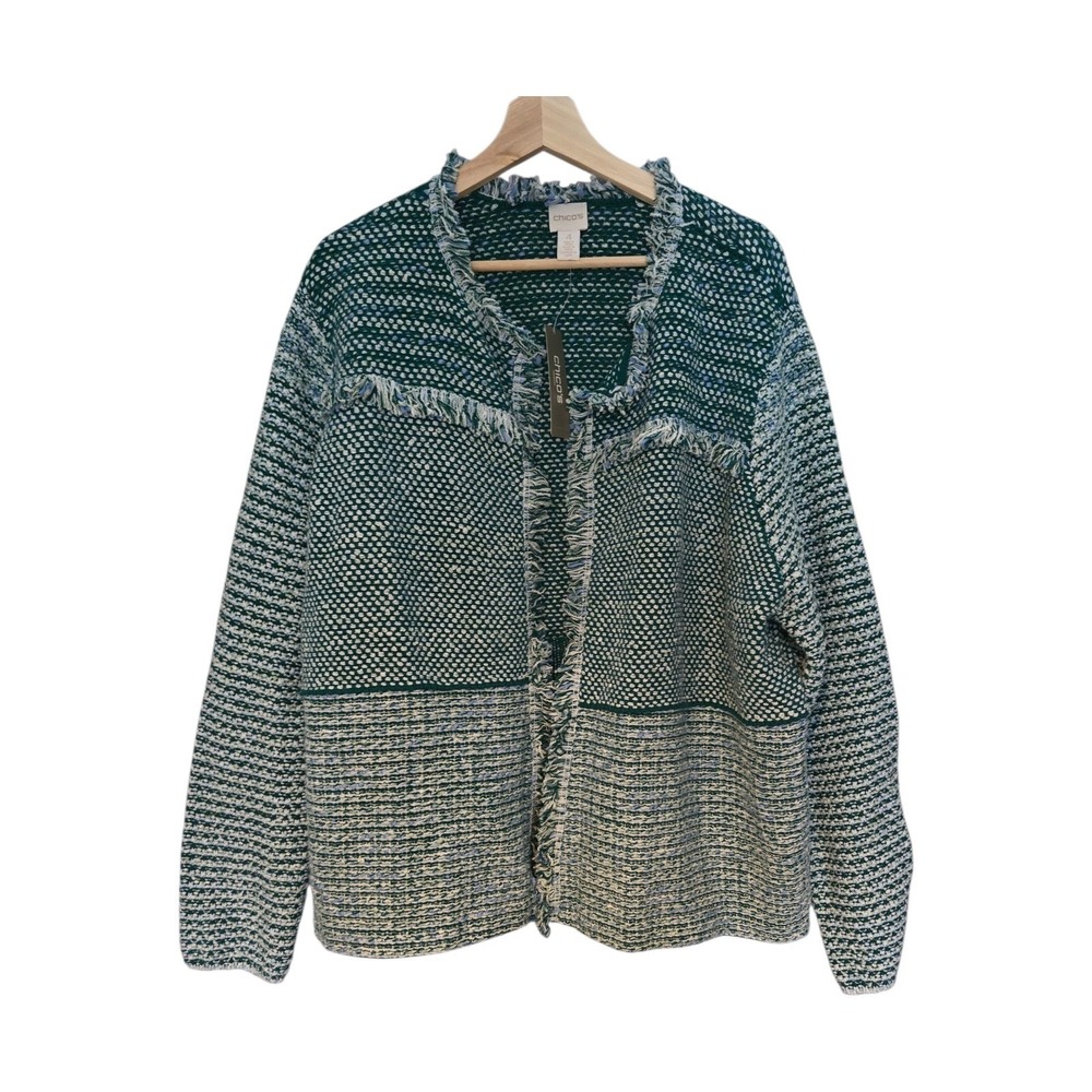 Chico's Pacific Teal Fringe Tweed Cardigan Jacket Knit Women's Size 4 - Picture 3 of 10